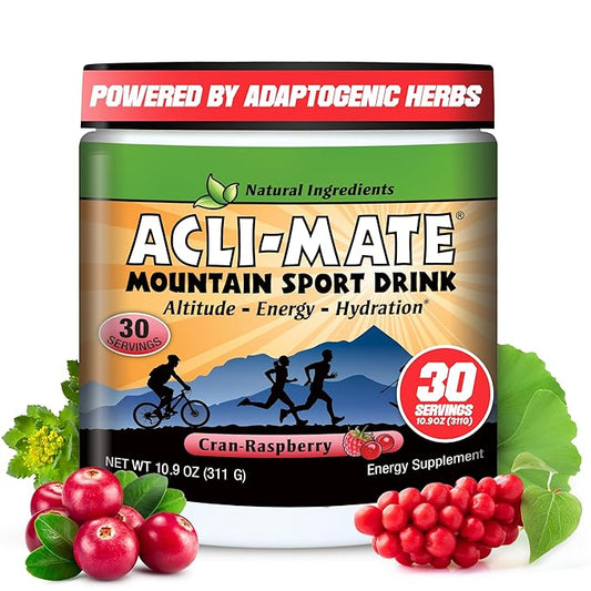 Acli-Mate Mountain Sport Drink Mix - High Altitude Acclimatization Electrolytes Powder - Energy Powder Mix - Recovery Hydration Drink for Running, Hiking, Cycling, Travel & More (1 Tub, CranRaspberry)