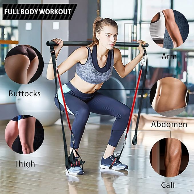 180LBS Adjustable Pilates Toning Bar Kit with Resistance Bands, Anti-Break, Full Body Dynamic Workout, Home Portable Gym