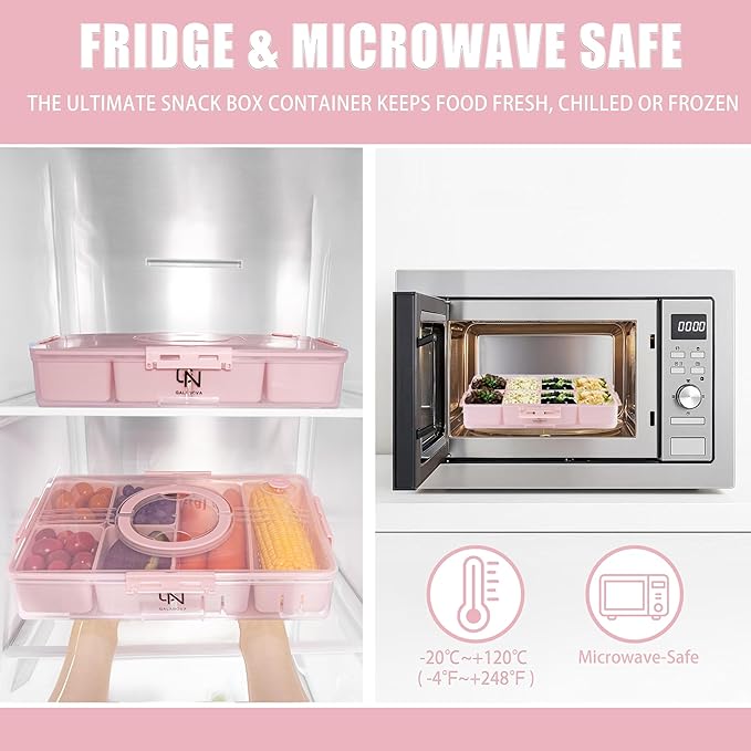 Stackable Snackle Box Container with 2 Lids - BPA-Free Snackle box Organizer, Dishwasher & Microwave Safe Reusable Snacklebox for Veggies, Fruits, Charcuterie, Snacks (Pink, 2 Pack)