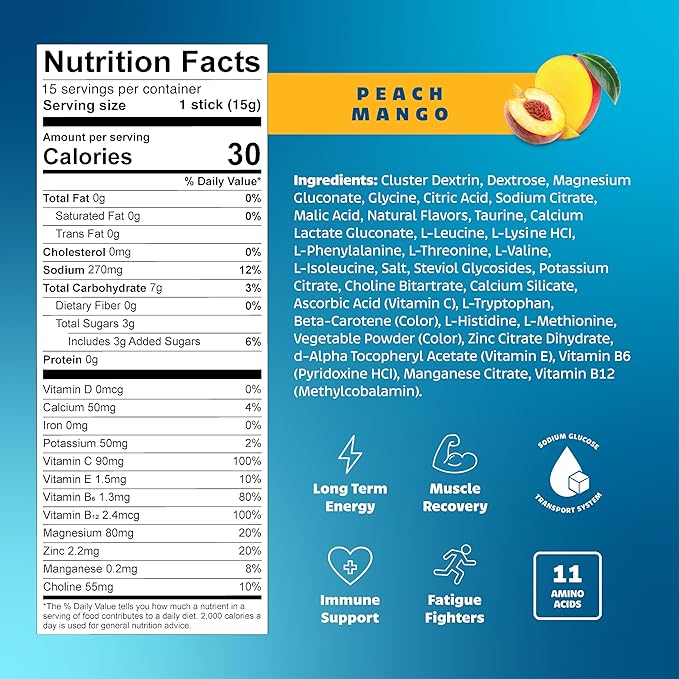 LivPur Electrolyte Drink Mix, Instant Hydration Powder with Vitamin C, B6, B12 & Essential Amino Acids for Muscle Support & Immune Health, Sports Essentials, Peach Mango Flavor, 15 Stick Packs