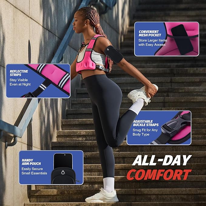 ZELUS Weighted Vest for Women Men, 6/8/12/16/20lb Weight Vest with Arm Pouch Reflective Strips, U-Shaped Rucking Vest for Strength Training Muscle Building, Walking Running Vest for Fitness