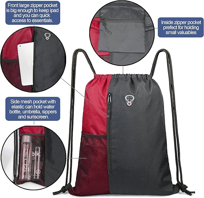 BeeGreen Bright Red Drawstring Backpack Gym Bag For Men & Women – Sports Sackpack with Mesh Water Bottle Holder & 2 Zippered Pockets – Large 16x20 Inch Cinch String Backpack