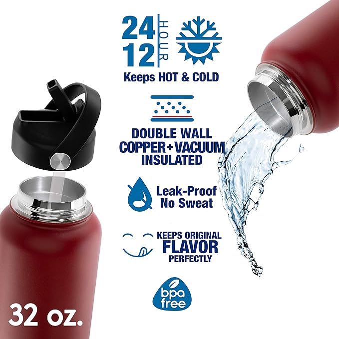 Amazing Items Personalized Water Bottle w/Straw & Lid, 32 oz - Fire Red | Custom Stainless Steel Sports Water Bottle w/Name and Text - Double-Wall, Vacuum Insulated - Rotating Handle