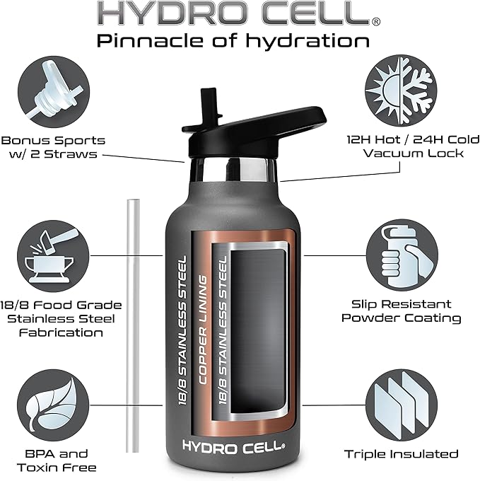 HYDRO CELL Stainless Steel Water Bottle with Straw & 2 Standard Mouth Lids (32oz 24oz 20oz 16oz) Keeps Liquids Hot or Cold w/Double Wall Vacuum Insulated Leak Proof Sport Design (Graphite 16oz)