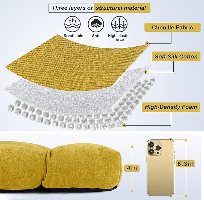 Bench Cushion 48 Inch - Chenille Fabric, High-Density Foam, Non-Slip Bottom, Soft Durable Indoor Tufted Long Seat Cushion for Window Garden Furniture (Yellow, 48x16x4 Inch)