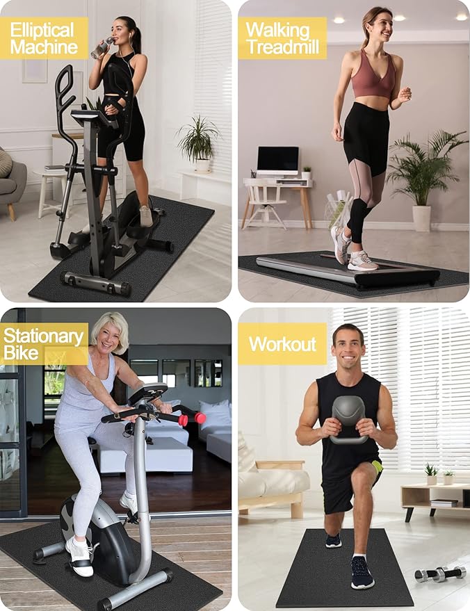 Treadmill Mat, 5'x2.5'/5.6'x2'/6.5'x3'/8'x3',6mm Thickness Exercise Equipment Mat for Carpet Hardwood Floors, Compatible with Walking Pad,Spin Bike,Elliptical Trainer,Rowing Machine