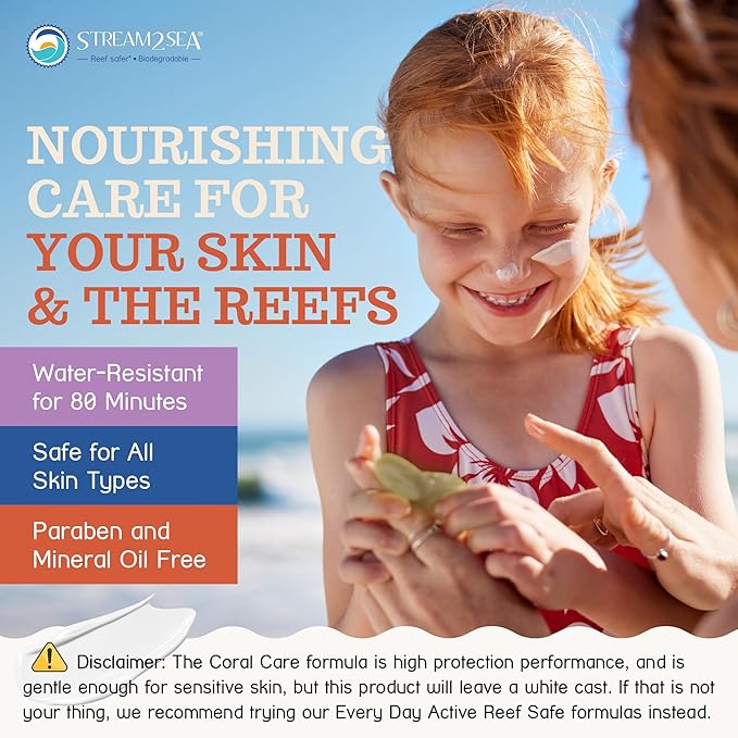 Stream2Sea Coral Care - Reef Safe Sunscreen SPF 30 Travel Size - First Reef-Approved Natural Mineral Sun block Boosts Coral Growth Water resistant- Non-Toxic, Biodegradable, Eco-Friendly Sunscreen