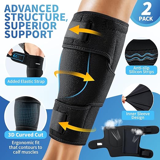 CAMBIVO Calf Brace for Torn Muscle, 2 Pack Adjustable Neoprene Compression Wrap Support for Shin Splints, Strain, Leg Pain (Black, X-Large)
