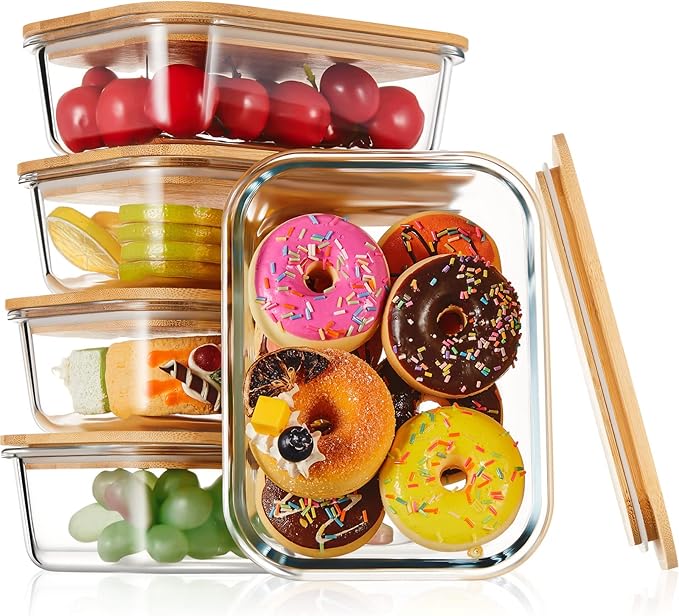 5 Pieces Glass Food Storage Containers with Bamboo Lids 36 Oz/ 1040 ml Meal Prep Containers Airtight Microwave Oven Freezer Glass Bowls with Lids for Pantry Cabinet Organizer