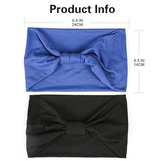 GiLi 2 Pack Wide Headbands for Women Boho African Knotted Non Slip Fashion Hair Bands Yoga Running Sports Workout Gym Head Wraps Elastic Soft Cotton Cloth Turbans Bandana for Girls(Black, Blue)