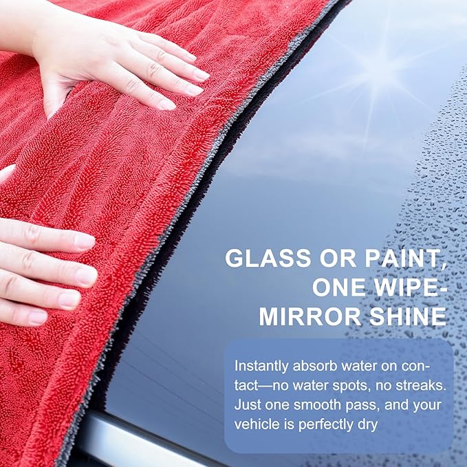 2 Pack XL Car Drying Towel – 1300GSM Ultra Absorbent Microfiber, 24"x36" Large Size, Twisted Loop, Lint-Free & Streak-Free for Auto Detailing, Car, SUV, Truck(Gray-RED)