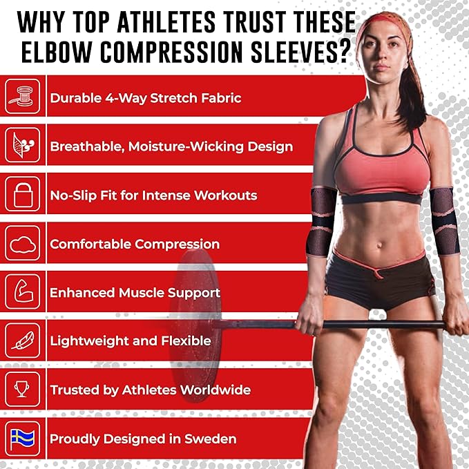 Nordic Lifting Elbow Compression Sleeves (1 Pair) for Men & Women - Support for Pain Relief, Tendonitis, Golfer’s & Tennis Elbow - Weightlifting Brace for Workout, Arm & Joint Recovery