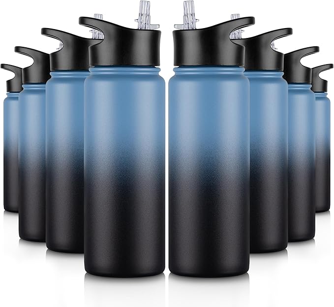 24 oz Insulated Water Bottle Bulk 8 Pack, Stainless Steel Sports Water Bottles with Straw Lid & Wide Mouth Lids, Double Walled Vacuum, Leak Proof, Blue Black Gradient