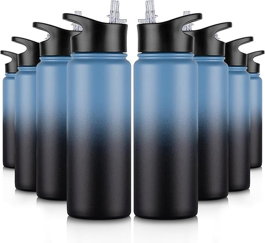 24 oz Insulated Water Bottle Bulk 8 Pack, Stainless Steel Sports Water Bottles with Straw Lid & Wide Mouth Lids, Double Walled Vacuum, Leak Proof, Blue Black Gradient