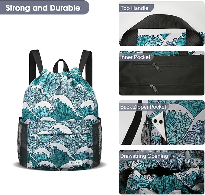 Drawstring Backpack Sports Gym Sackpack with Mesh Pockets Water-Resistant String Cinch Beach Bag for Men Women(Blue Waves)