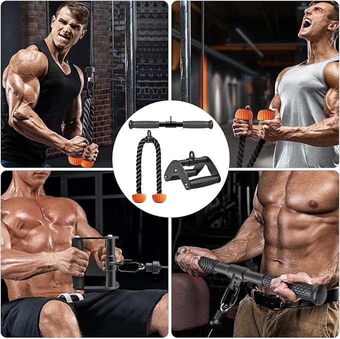 SELEWARE Triceps LAT Pulldown Attachments Home Gym Workout Accessories with Non-Slip Soft Rubber Grip Cable Machine Attachments Triceps Rope Double D Row Handle Pull Down Bar Straight Bar Exercise