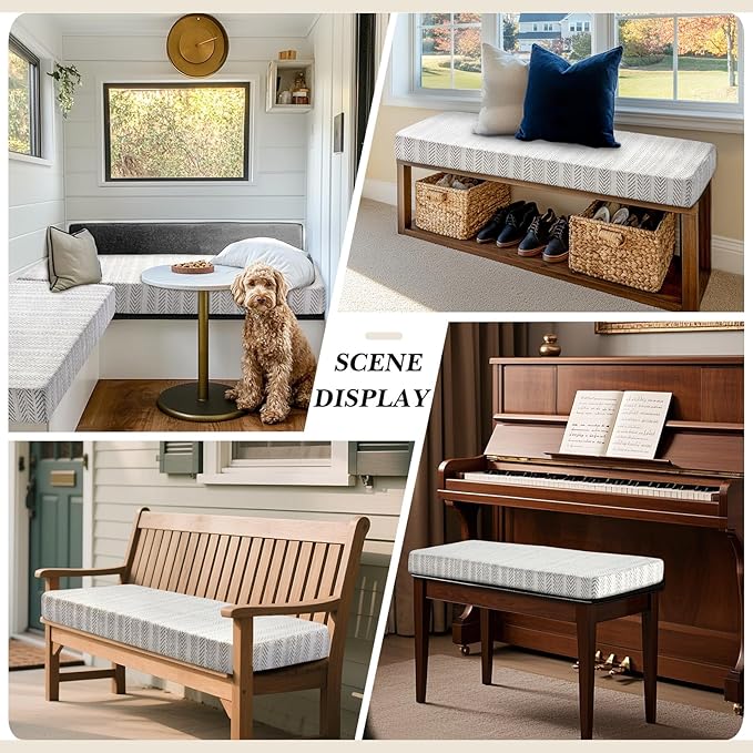 Leinuosen Bench Cushion 42x16x4 Inch for Indoor Furniture Weaving Texture Chenille Kitchen Bay Window Non Slip Seat Cushion Tufted Thicken Pad for Patio Porch, Mudroom Entryway (Beige and White)