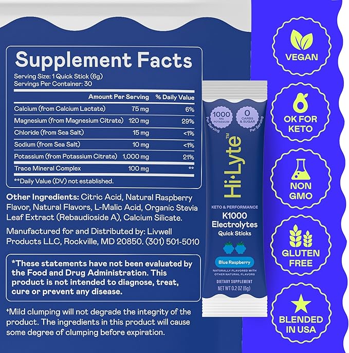Hi-Lyte K1000 Electrolytes Sticks Blue Raspberry Keto & Performance, 30 Servings - 1000mg Potassium + Magnesium, Sodium, Trace Minerals - 0 Carbs, 0 Sugar