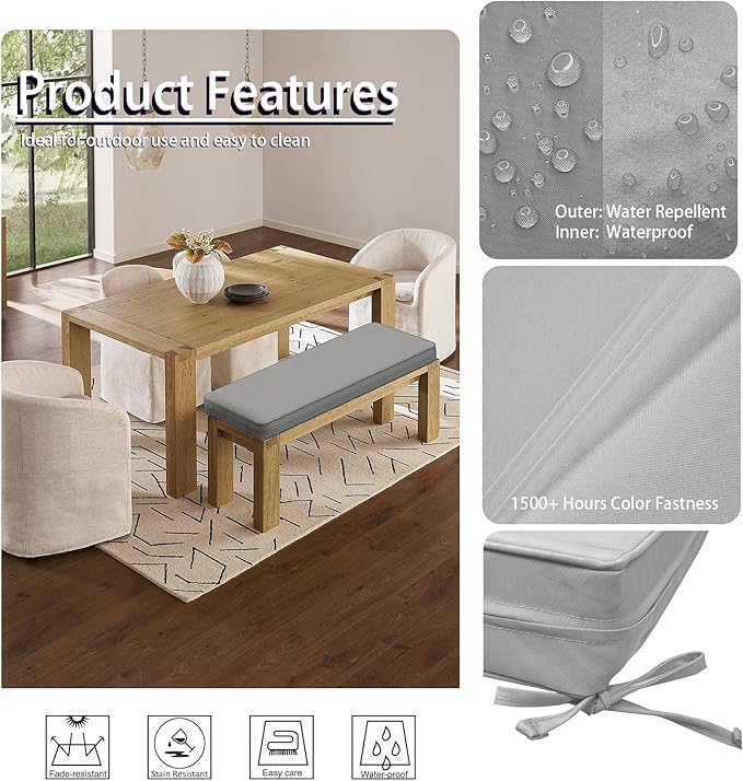 Outdoor Bench Cushion 45 x 18 x 3 Inch, Waterproof Patio Furniture Cushions with Ties, Non-Slip Rectangle Bench Seat Cushion Foam Pad for Garden Sofa Settee Couch Swing, Light Gray