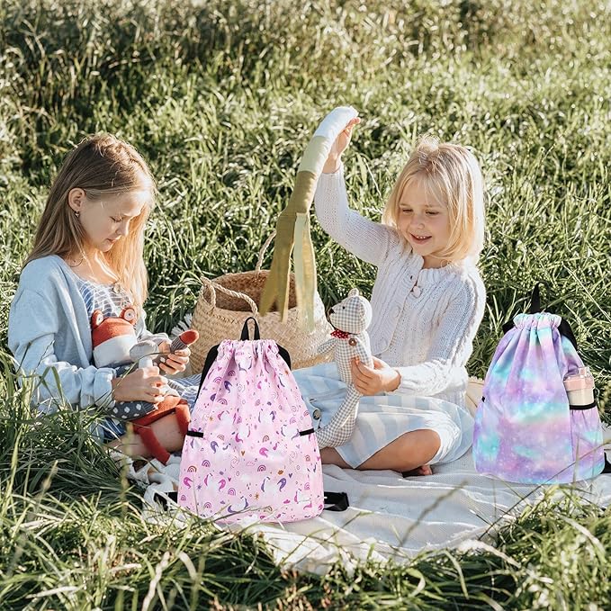 Unicorn Gym Drawstring Backpack, Sports Gym Bag for Girls Kids Waterproof Swimming Beach Sackpack Birthday Christmas Gift with Water Bottle Pocket Pink