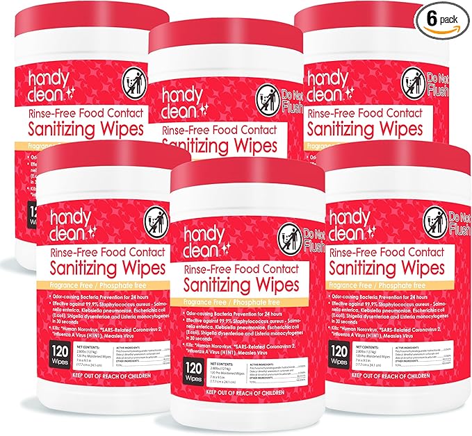 HandyClean Rinse-Free Food Contact Sanitizing Wipes Canister, Multi Surface Cleaning Wipes Cleaning Supplies for Kitchen and Professional Setting 6-Pack (120 Wipes Each)