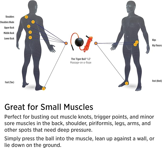 Tiger Tail Tiger Ball 1.7 Foam Roller Ball + 50”+ Corded Rope – Deep Tissue Massage Ball: Feet, Legs, Neck, Back – Trigger Point Massage Therapy – Relieve Muscle Soreness – Muscle Recovery