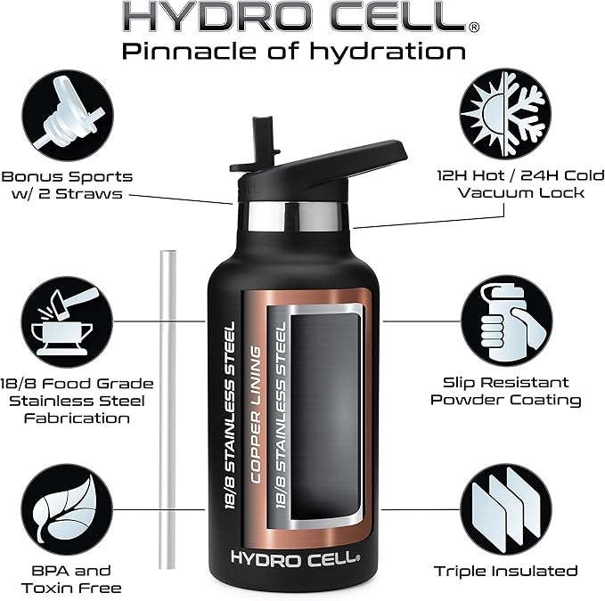 HYDRO CELL Stainless Steel Water Bottle with Straw & 2 Standard Mouth Lids (32oz 24oz 20oz 16oz) Keeps Liquids Hot or Cold w/Double Wall Vacuum Insulated Leak Proof Sport Design (Black 16oz)