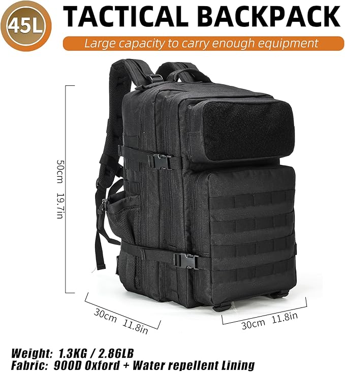 gracedon Military Tactical Backpack for Men and Women Army Camping Daypack Bug out Bag 45l Asault Pack for Travel Hiking (Black)