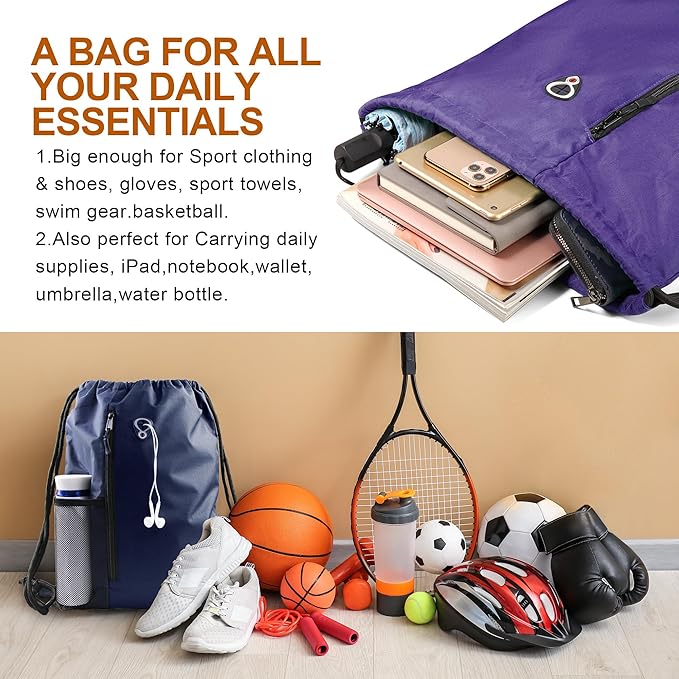 BeeGreen Dark Purple Drawstring Backpack Gym Bag For Men & Women – Sports Sackpack with Mesh Water Bottle Holder & 2 Zippered Pockets – Large 16x20 Inch Cinch String Backpack