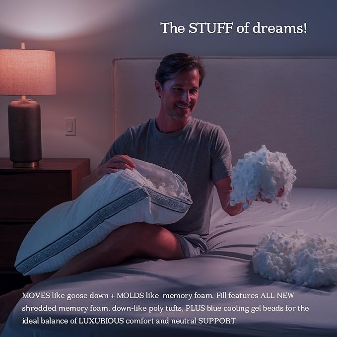 DreamyBlue Gusseted Sapphire Pillow • Adjustable Loft, Luxury Cover, Shredded Memory Foam Fill w/Cooling Beads • Ideal for Wide Shoulders • Neutral Alignment for All • CertiPUR-US Certified (Queen)