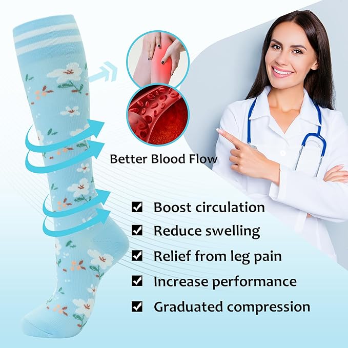 fenglaoda Compression Socks Women Men 4 Pairs, Knee High Support Socks for Running, Sports, Travel, Flight, Nurse
