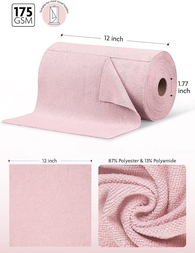 Fantasticlean Microfiber Cleaning Cloth Roll -150 Pack, Tear Away Microfiber Towels, 12" x 12", Reusable, Washable, Ultra Absorbent Dishcloth for Home Supplies, Car, Pet, Kitchen (2 Rolls of Pink)