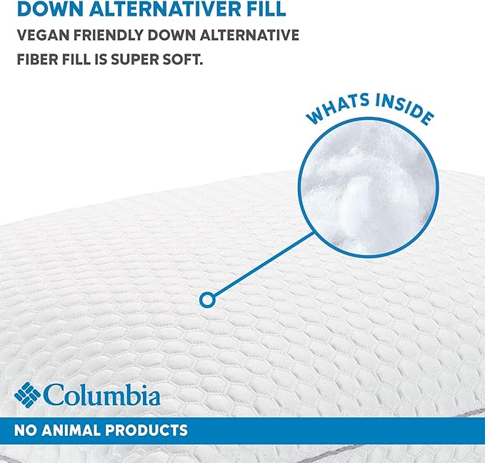Columbia Comfort Ice Fiber Side Sleeper Down Alternative Bed Pillow with Polyester Fiberfill, Supportive Cooling Double Sided Breathable Cover (Back & Stomach Sleeper, Standard/Queen (Pack of 2))