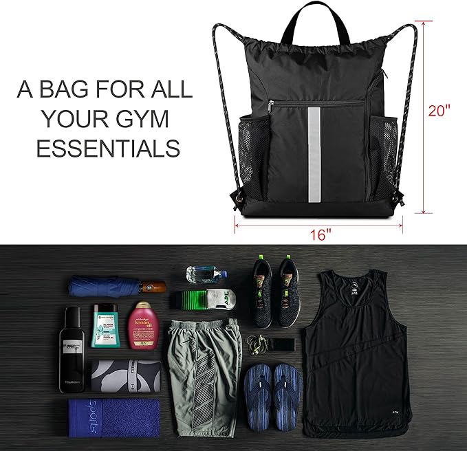 BeeGreen Drawstring Backpack Bag Sports Gym Backpack with Shoe Compartment and Two Water Bottle Holder for Men Women Large String Backpack Athletic Sackpack Workbag Black