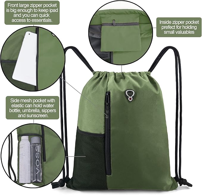 BeeGreen Green Drawstrings Backpacks Bags For Men String Backpack For Women With Water Bottle Pocket &Front Zippered Pocket Large Sackpack For Traveling Yoga Beach Outdoor Gym