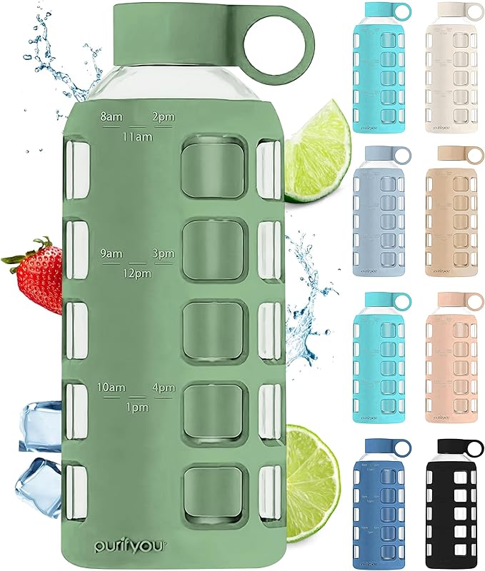 purifyou 40oz / 32oz / 22oz / 12oz Borosilicate Glass Water Bottle with Time & Volume Markers, Silicone Sleeve, Stainless Steel Lid | Reusable Glass Bottle for Water & Juice (22oz Shale Green)
