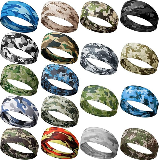 18 Pcs Sports Sweatbands for Men Women Camo Headbands Workout Non Slip Headbands Breathable Head Band Fitness Stretchy Unisex Hairband for Yoga Running Cycling Ball