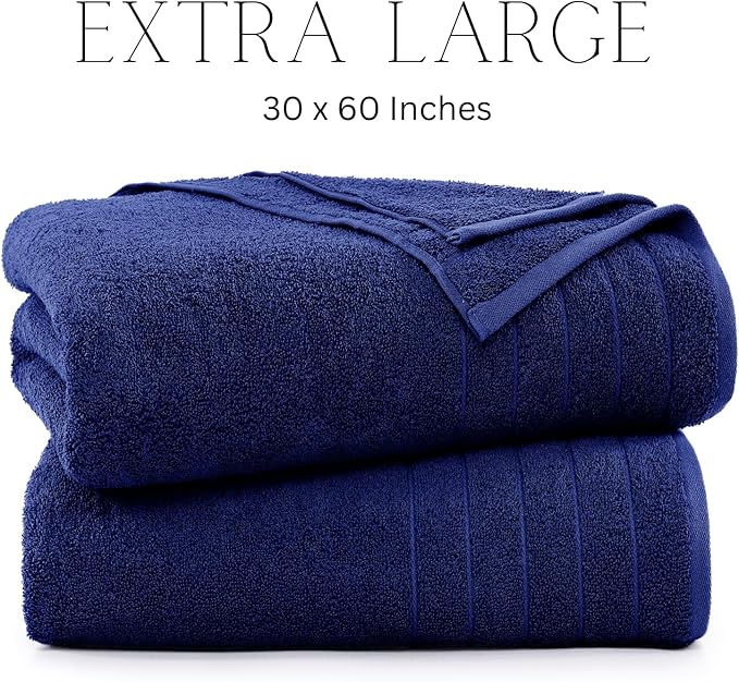 Casa Platino 100% Cotton 2 Pack Bath Towels (30"x60") - Ring Spun Mercerized Cotton Towels Set for Bathroom - Quick Dry, Soft & Absorbent Large Bath Towel Set - Dorm Essentials for Boys - Navy Blue