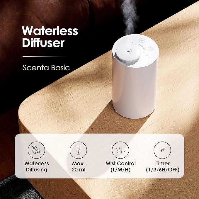 Waterless Essential Oil Diffuser Starter Kit with 4 x 10mL Fragrance Scent Oil, Battery Operated Mini Scent Air Machine Portable Diffuser for Home Car Office, AN6 White Kit01