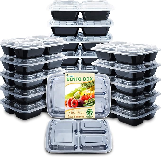 Enther Meal Prep Containers with Lids 20 Pack 3 Compartment Food Storage Bento Lunch Box BPA Free, Reusable, Microwave/Dishwasher/Freezer Safe, 24oz Black Small