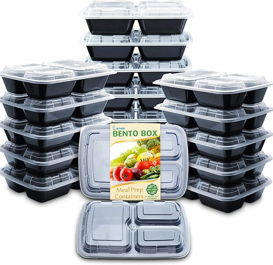 Enther Meal Prep Containers with Lids 20 Pack 3 Compartment Food Storage Bento Lunch Box BPA Free, Reusable, Microwave/Dishwasher/Freezer Safe, 24oz Black Small