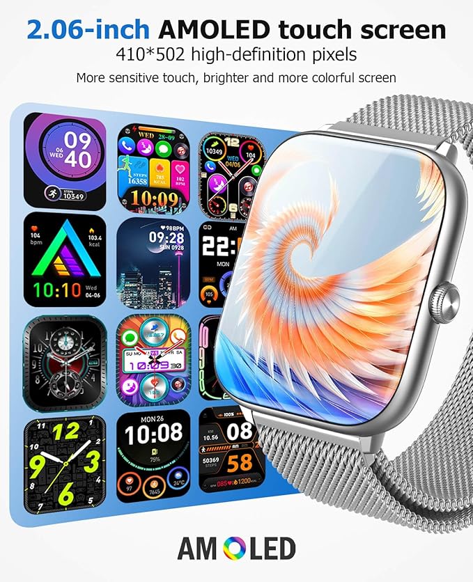 2.06" AMOLED Smart Watches with Blood Pressure, 118 Sports Modes, Fitness Activity Tracker for Men Women, Heart Rate Sleep SpO2 and Stress Monitor, IP68 Waterproof, Compatible with Android and iPhone