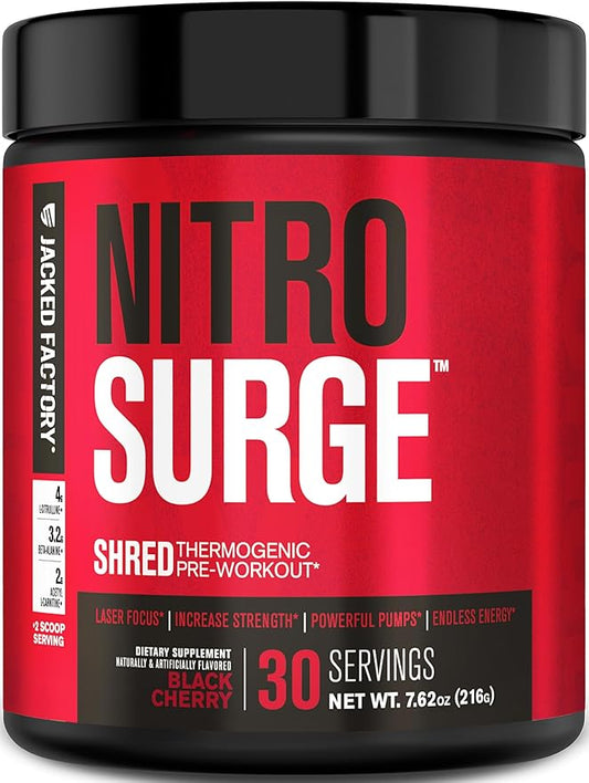 Jacked Factory NITROSURGE Shred Pre Workout Supplement - Energy Booster, Instant Strength Gains, Sharp Focus, Powerful Pumps - Nitric Oxide Booster & PreWorkout Powder - 30Sv, Black Cherry