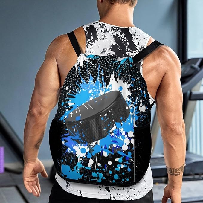 Hockey Drawstring Backpack - Cool Cinch Sack, String Backpacks with Pocket for Kids Women Men Boys Girls for Gym Outdoor Sports Travel Athletic Drawstring Bag - Lightweight/Foldable