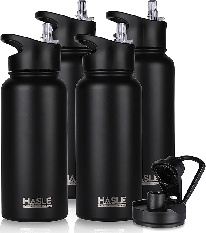 HASLE OUTFITTERS 32 oz Insulated Water Bottle Stainless Steel Double Walled Vacuum Sports Water Bottle with 2 Lids (Straw and Spout Lid) for Gym Camping Hiking(Black,4)