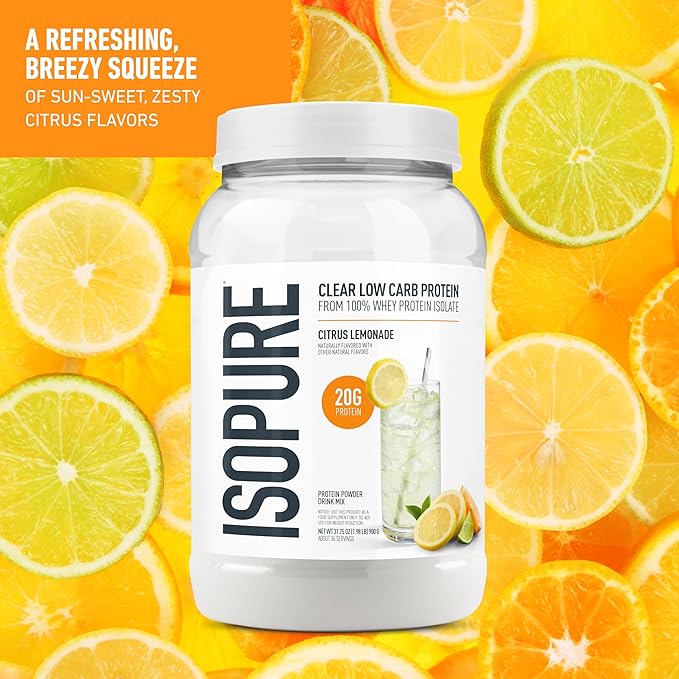 Isopure Clear Whey Isolate Protein Powder Infusions, Lactose Free, Gluten Free, Naturally Flavored, Citrus Lemonade, 20g Protein Per Serving, 1.9 Lb, 36 Servings