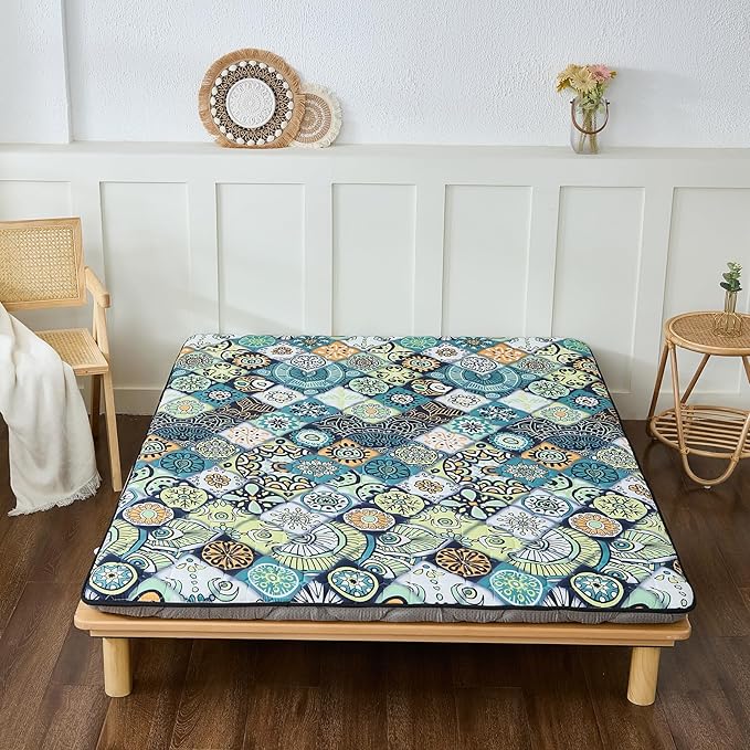 Japanese Floor Mattress Twin, Anti-Slip Japanese Futon Foldable Tatami Mat for Guests, Boho Green Checkered