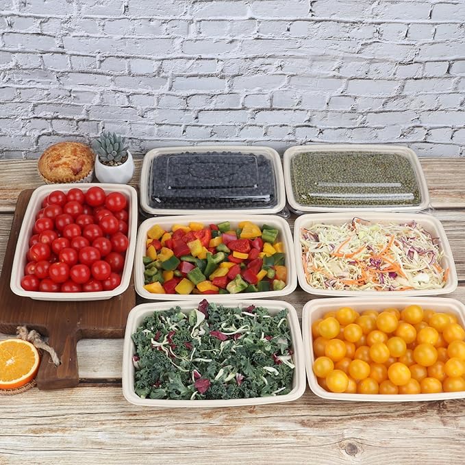 20 oz Rectangle Disposable bowls with lids,Sugarcane Fibers Bowls take away food containers Plant Fibers Freezer Safe 50 Pack