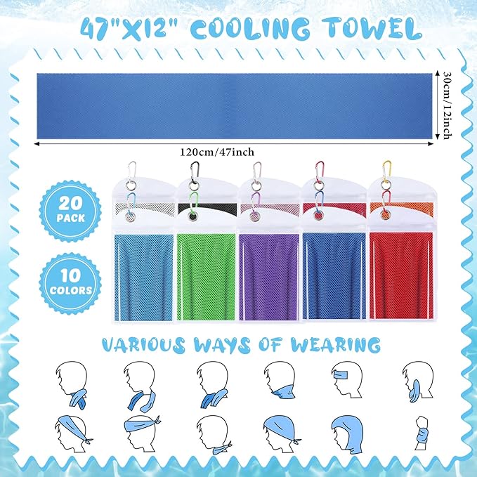 20 Pcs Cooling 47 x 12'' Soft Ice Towel Neck Face Microfiber Gym Cold Workout Towels for Sweat Breathable Chilly for Men Women Sport Yoga Golf Running Fitness Activities Hot Weather