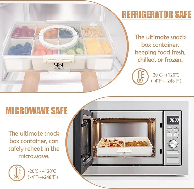 Snackle Box Container - 10 Compartments Including 2 XL, Dishwasher & Microwave Safe, Divided Serving Tray with Lid and Handle, BPA-Free, snack box (1 PCS, White, 1 Box with 2 XL Compartments)